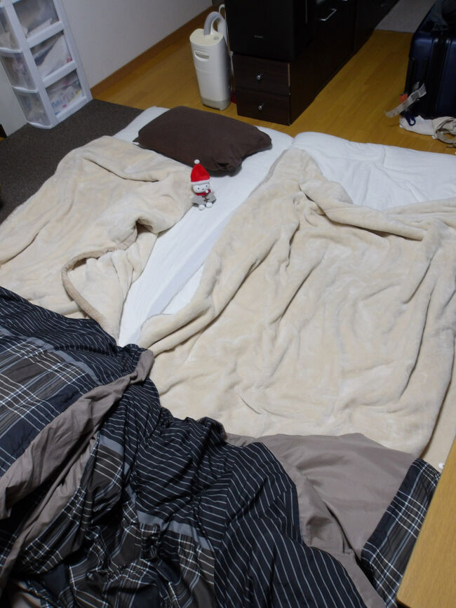 ということで、シンさんの家へ戻り、休みます。<br />私のスーツケースなど荷物も色々と置いてしまったので、部屋が狭い中で、布団も色々と工夫しながら敷きます(^▽^;)←ツッコミ対策(爆)<br /><br />それではおやすみなさーい( 一一)。