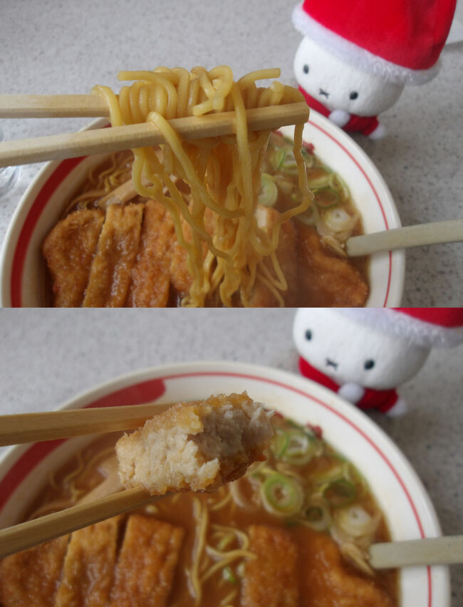 チャーシューの代わりにトンカツをドドーンとのせてます。<br />スープに浸っていますが、これもほど良い味わいにさせてくれます(´艸｀*)。<br />それと共にスープに絡まった麺が出汁を引き立たせてくれてて美味しさが感じるんです。<br /><br />寒い季節により身体が温まります。