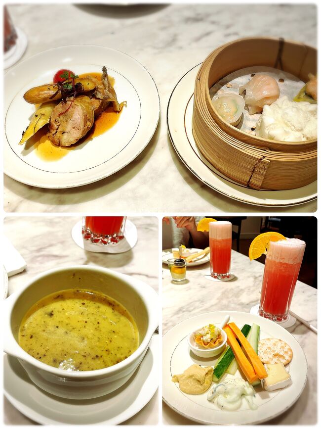 テーブルサービスのメニューが凄く美味しくなっていました。<br />点心とポークソテーに、大好きなマッシュルームスープが美味しかった～。<br /><br />ブッフェ台から野菜スティックとチーズを取ってきてのんびり。