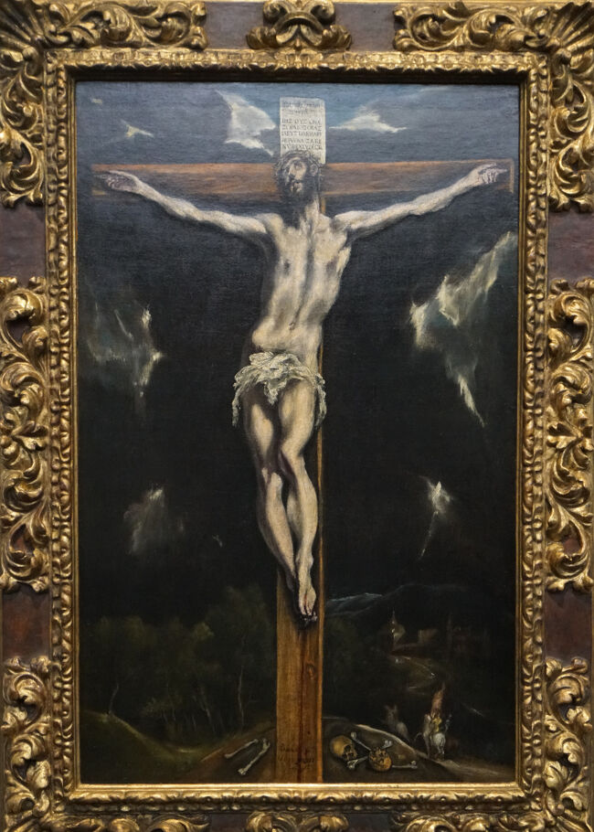 「十字架のキリスト」1610-14年頃 国立西洋美術館<br />揺らめく炎のように引き伸ばされた人体、荒々しい筆致、超自然的な色彩などにエル・グレコ晩年の様式を伝える作品です。彼は後半生をスペインのトレドで過ごし制作しましたが、ギリシャのクレタ島で生まれイコン画家として活躍、その後ヴェネツィアでティツィアーノやヤコポ・バッサーノの影響下に西欧絵画の技法を習得、まず細密画家として評判を得ました。彼のヴェネツィア滞在は、ヤコポの息子レアンドロ・バッサーノがヴェネツィア近郊バッサーノの父の工房で修業を始めたであろう時期と重なります。<br />※本展での撮影ではありません。