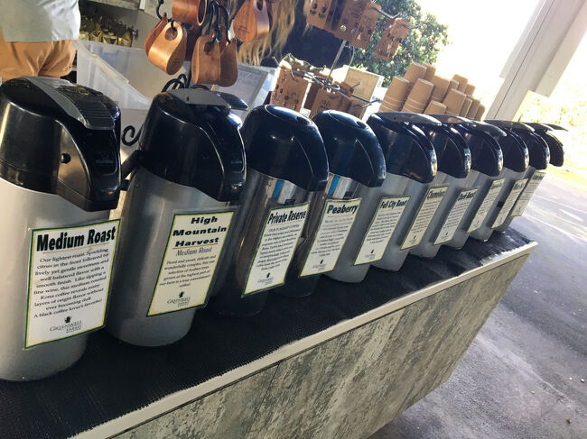 試飲のコーヒーポットが沢山並んでいます。<br />ツアーが始まるまで試飲しながら待ちます。