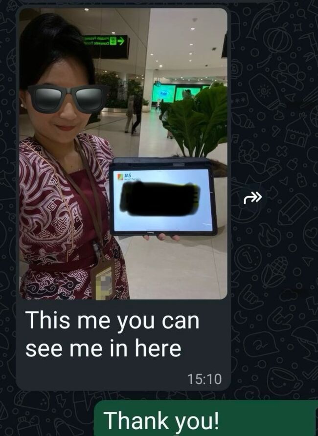 今回もホテルに送迎をお願いしており、迎えの係からWhatsAppで、トランスファーのカウンターの前あたりで待ってますー、今どこですかーと連絡が入ってました。<br />まだ機内ですー、ちょっと待ってねーと返信したら、<br />こんなお返事いただきました。助かります。<br />