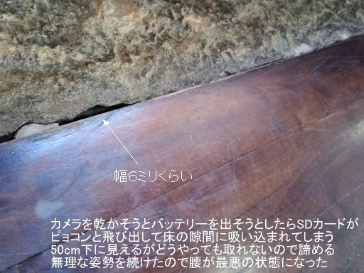 写真に同じことが書いてありますが、忘れないように帰ってきてから写真に直接コメントを記入しています。<br />床が剥がせないかと試みたが流石に無理らしい。どうせ駄目だろうけどオスピタレラに言うと見に来てはくれたが手だてはなさそう。どっかから先端に挟む物が付いた長い棒を持ってきてくれたが、穴の幅が狭すぎて入らなかった。もうどうしようもない。ついでにこの人もガリシアWi-Fiについては知らない人でした。<br /><br />ずっと床に張り付いて無茶な体勢で格闘してたら腰が本格的に痛くなってきたし、これ以上の手立てがないので諦めました。カメラは駄目になったけど、今までの写真だけでも持ち帰ろうと思ってたのにこんな事になるとは夢にも思わなかった。腰の事と言い今回のカミーノは私史上最悪になりました。せめてタブレットの写真だけは守ろうと思います。