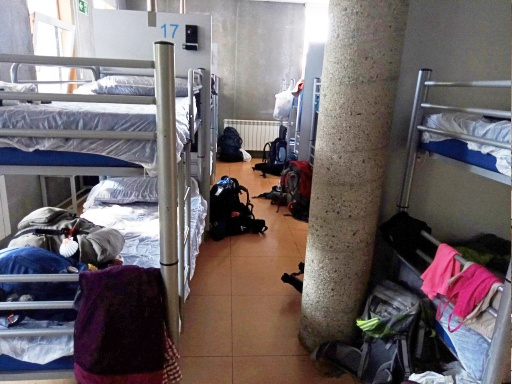 アルベルゲにチェックイン。ガリシアのアルベルゲはどこも同一料金で10ユーロ。ガリシアの良いところはシニアには必ず下段ベッドをあてがってくれます。<br />受付でプリミティボで一緒だった若者の顔が見えたので嬉しい。彼も勿論私を覚えていて喜んでくれました。ここは９割以上の巡礼はフランス人の道を歩いて来た人達だから、同じプリミティボ巡礼は貴重です。写真はそのメリデのアルベルゲ風景。老若男女ごちゃ混ぜで戦場のようです。