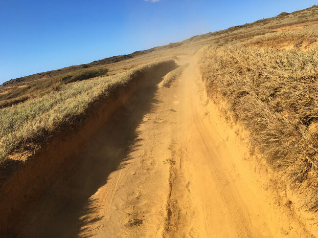 地元ドライバーのピックアップトラックに揺られてグリーンサンドビーチに向かいます