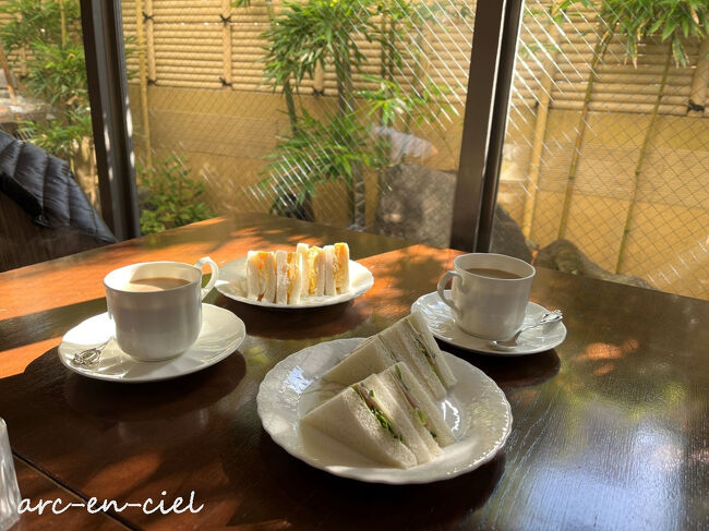 甘味処ですが、京懐石のランチもいただけます。<br />私たちはそのどちらでもなく、サンドウィッチ(*^^*)。<br /><br />その後、伊豆箱根鉄道に乗って、この日宿泊する温泉宿へ向かいました。